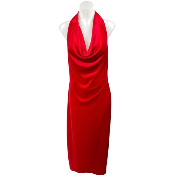 Zara Red Halter Velvet Velour Sleeveless Cowl Neck Open Back Sheath Midi Dress M - Picture 1 of 5